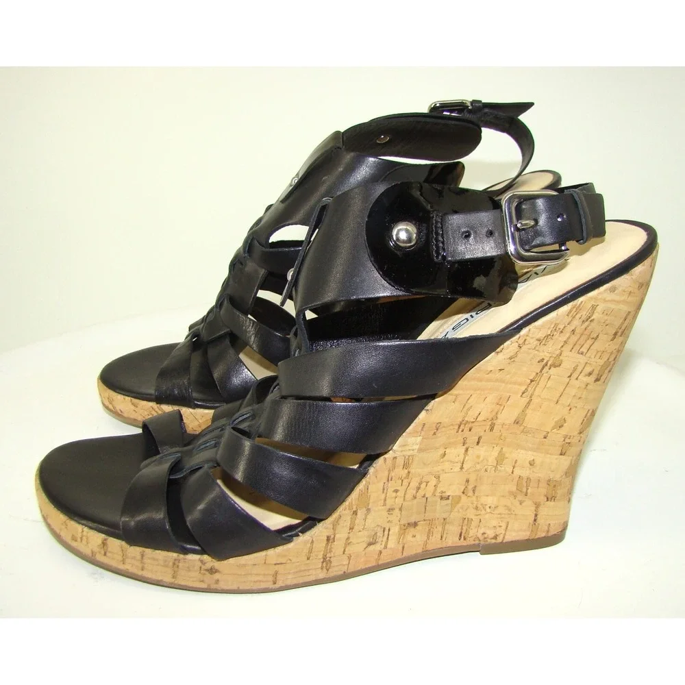 NEW Via Spiga Italy Black Gladiator Cork Wedge Heels Sandals Size 10M   C114